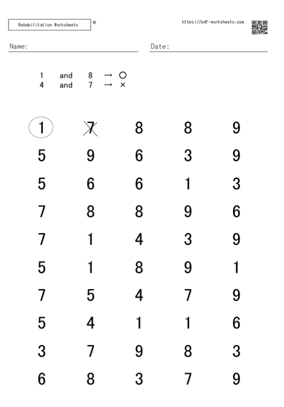 Dual Cancellation Task for Numbers 1-9　10x5